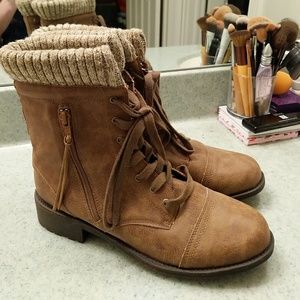 Never worn faux leather booties with fabric cuff